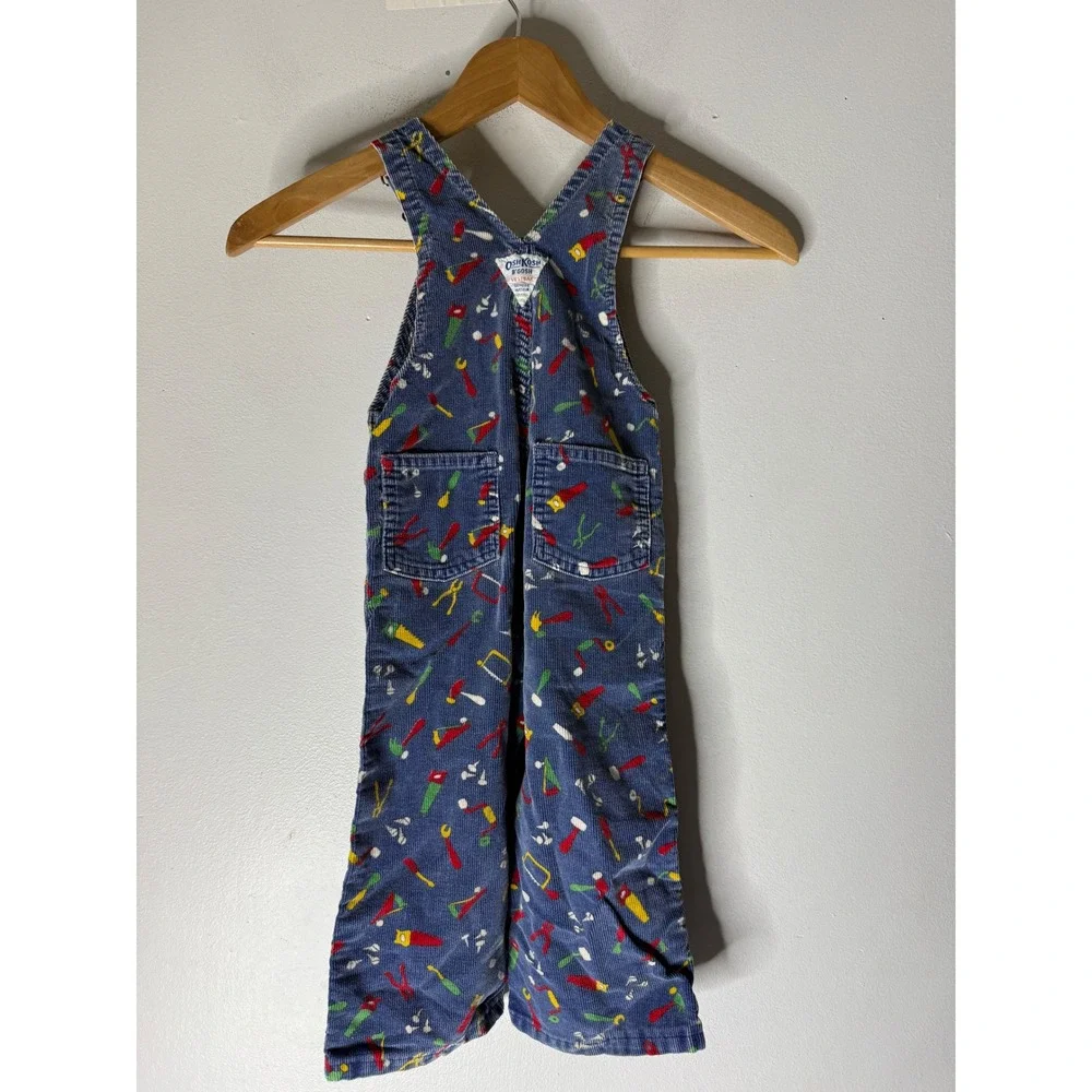 Vintage‎ Oshkosh blue corduroy overalls all over tool print boys size 4